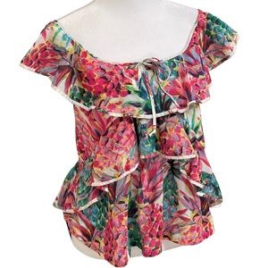 J. Crew Ratti Print Pineapple Top Sz 2 Vibrant Multicolored Cotton Tiers Ruffles